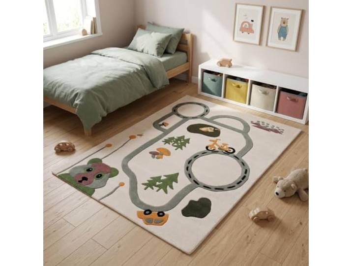 Morgenland Kinderteppich Handgetuftet Wolle Beige 120x170cm 100% Schurwolle, Kollektion Kids, Kinderzimmer, Handarbeit, Rechteckig