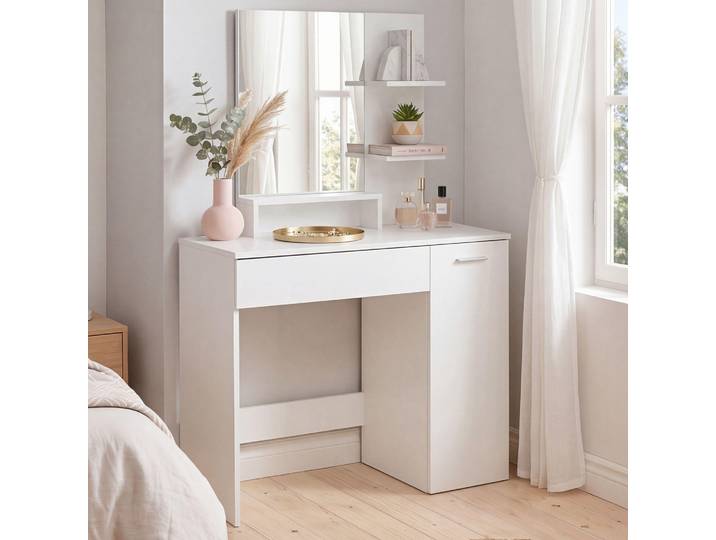 FineBuy : Table de maquillage de 90 cm\, blanche\, moderne\, avec miroir et étagère. Commode de toilette blanche avec tiroir et porte. Grande table de maquillage moderne