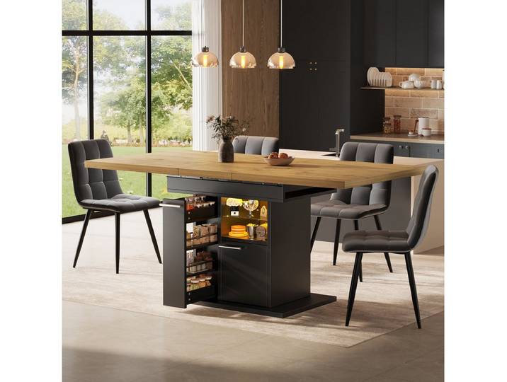 Odikalo Esstisch Küchentisch Wohnzimmertisch mit Stauraum & Farblichtsystem, Ausziehbar (für kleine Räume, platzsparend, modernes Design mit Glasablagen, für Familienessen und Feiern, ausziehbar für 4-6 Personen)