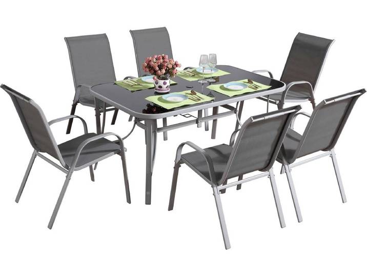Table et chaises de jardin en textilène cordoba + Porto 6 personnes gris clair