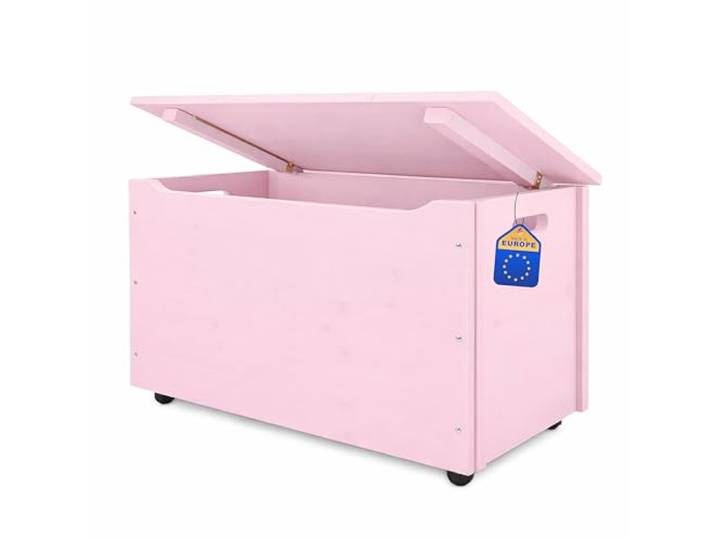 Pinus Spielzeugkiste 90x48x51 cm mit Deckel Rollen Kinderzimmer Rosa Kiefernholz, große Aufbewahrung, für Spielzeug Decken Kuscheltiere, 4 Rollen, niedrige Höhe, leichtes Einräumen