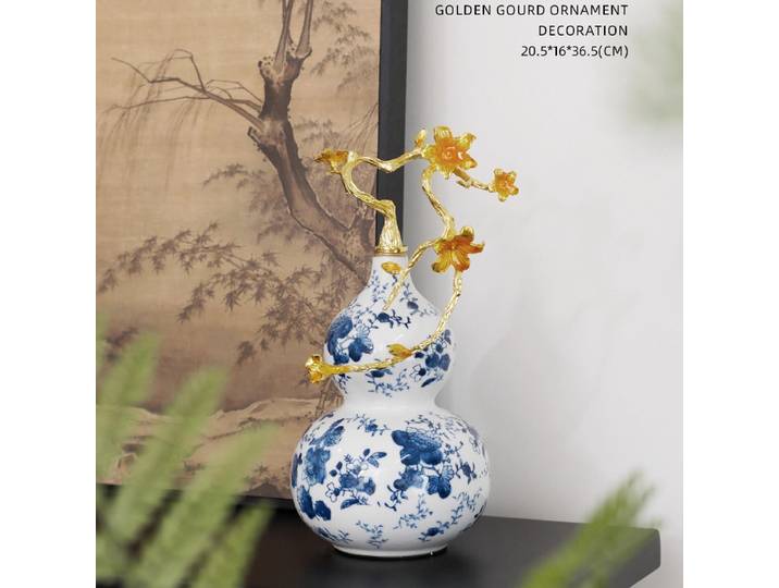 Nouvelle décoration chinoise pour la maison, gourde bleue et blanche, salon, armoire à vin, artisanat en céramique émaillée, décoration de bureau, ornement