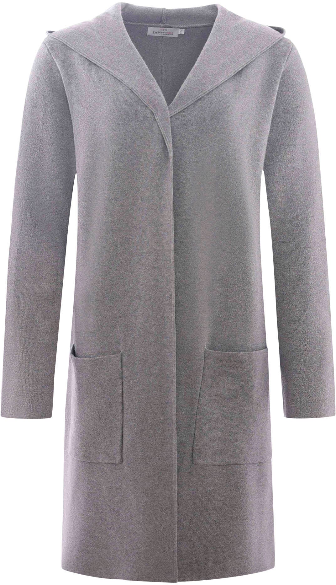 Cardigan ZWILLINGSHERZ, Damen, Gr. S/M, grau (dunkelgrau), Sweatware, Obermaterial: 50% Viskose, 27% Polyester, 23% Polyamid, normal knielang, ohne Ausschnitt, Strickjacken Cardigan, Kapuze, Taschen, Langarm, ohne Verschluss dunkelgrau S/M
