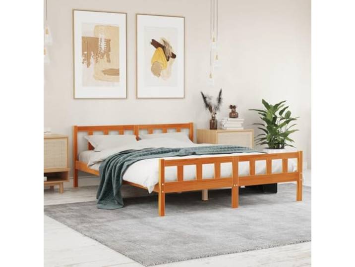 Massives Kiefernholz Stabil Rustikale Optik 150 x 200 cm Braun Massivholzbett ohne Matratze Wachsbraun 150x200 cm Kiefernholz Stabil Bettgestell mit Kopfteil Lattenrost Schlafzimmer Möbel
