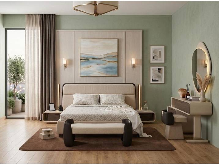 JVmoebel Schlafzimmer-Set Schlafzimmer Set Bettanlage Schminkplatz Bank Modern Beige, (Schlafzimmer-Set, 10-tlg., 10-tlg)