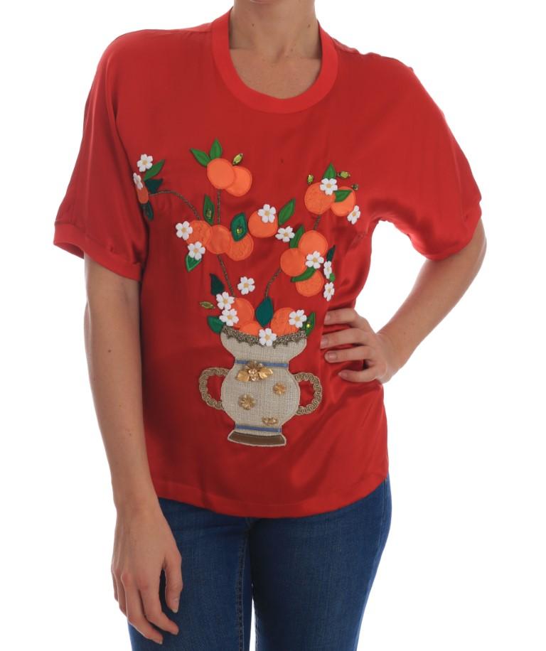 Dolce & Gabbana Damen Rote Seidenbluse mit Orangen-Muster und Kristallen