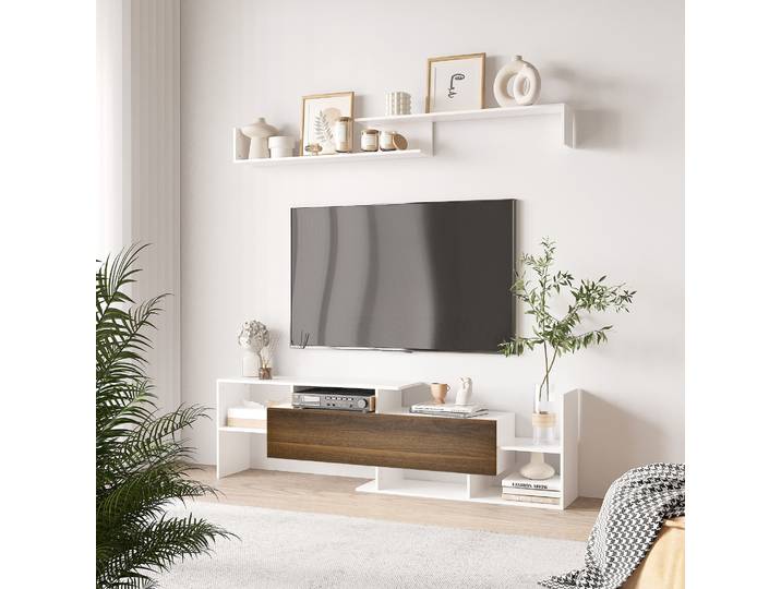 HOMCOM Meuble TV Banc et Étagère Murale Contemporain Blanc/Marron