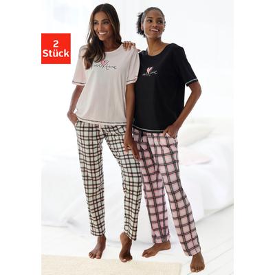 Pyjama, Damen, Gr. 36/38, bunt (schwarz, schwarz, weiß, kariert, rosa, rosa, schwarz, kariert), Single Jersey, Obermaterial: 100% Baumwolle, VIVANCE DREAMS BY LASCANA, loose fit lang, Rundhals, eingesetzt Overlocknaht kontrastfarben, Homewear-Sets...