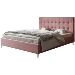 POLSTERBETT LUX Rio mit Kopfteil, 140 x 200 cm, Doppelbett mit Lattenrost aus Holz, Velourstoff Rosa, Füße in Farbe: Weiß