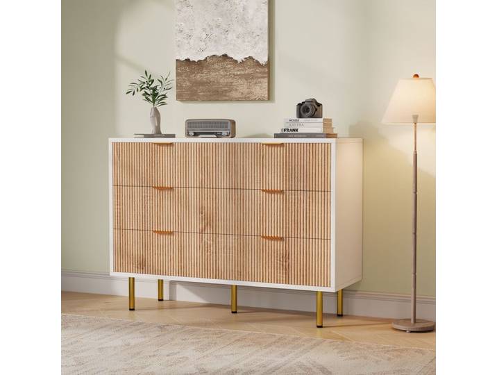Commode - COMANLAI - 6 Tiroirs - Bois Naturel et Blanc - 100x34x73 cm - Élégance Chic