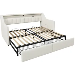 MODFU Daybett Leinen Beige 212x193x92 cm, ausziehbar auf 180x200 cm, mit USB, Type-C, LED und 2 Schubladen