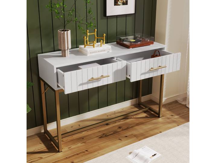 Table de maquillage blanche PINGGO 100x45x75cm avec 2 tiroirs, commode de chambre, meuble de rangement pour chambre à coucher