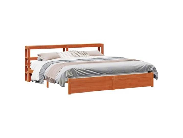 PUGYNBK Bettgestell mit Kopfteil, Braun, Wachs, 200 x 200 cm Massives Kiefernholz, belüfteter Lattenrost, integrierte Regale, moderner Stil