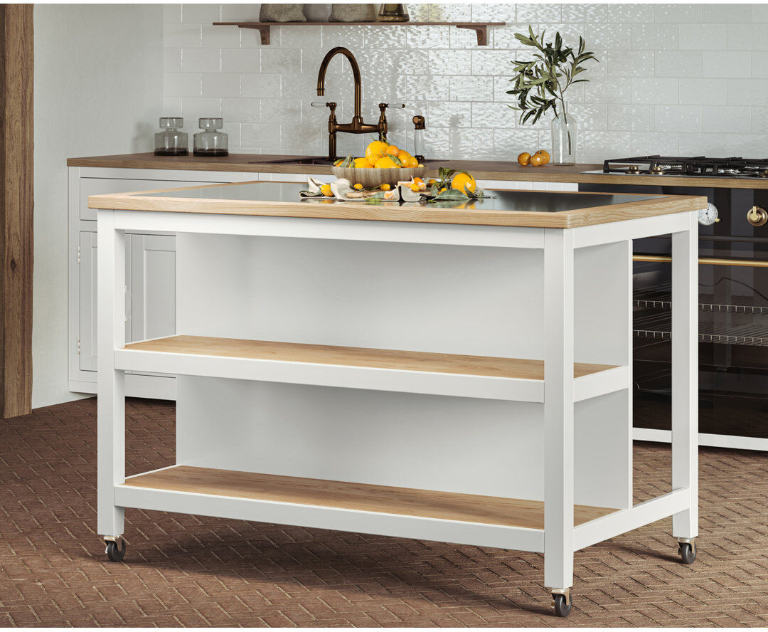 Ebern Designs Mounia 130 cm W Granite Top Kitchen Island with Wheels White 90cm H X 130cm W X 73cm D