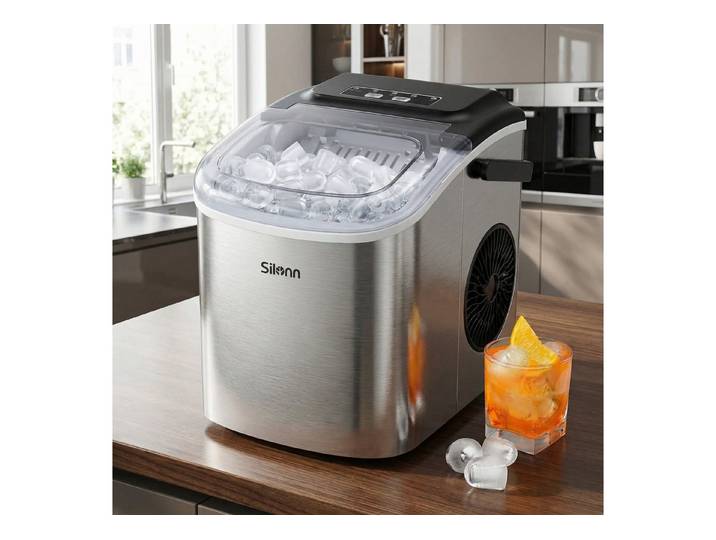 Silonn Eiswürfelmaschine Eiswürfelmaschine kompakt, 2 Eisgrößen, Selbstreinigung, tragbar, 6-minütige Eisherstellung