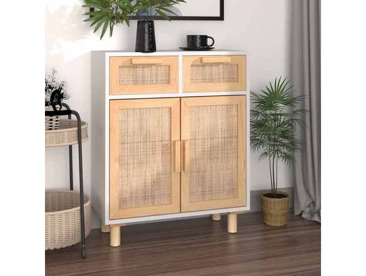 Moderne Buffet bahut pratique - Blanc 60x30x75 cm Bois de pin massif et rotin naturel - Commode salon @FR 7189