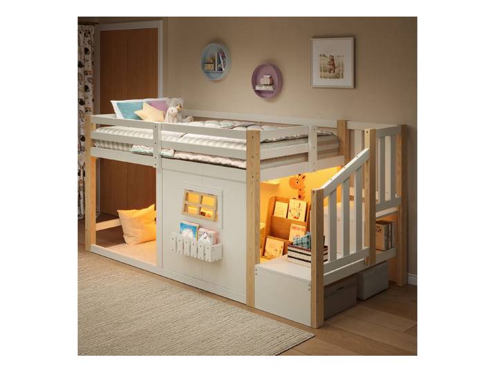 Flieks Hochbett Kinderbett Hausform 90x200cm mit Fenster, Stauraumtreppe, LED-Leiste
