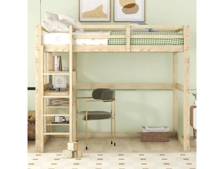 Lit superpose enfant 140x200 cm cadre de lit avec rangements en pin lit mezzanine avec 4 rangements et un plateau de bureau