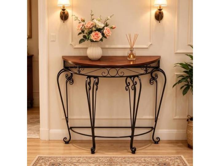 Luxus Halbmond Konsolentisch Metallgestell Holzmaserung Platte Rostfrei Pulverbeschichtet 50kg Tragkraft Kleiner Flurtisch Wohndeko(Wood,90cm/35.4in)