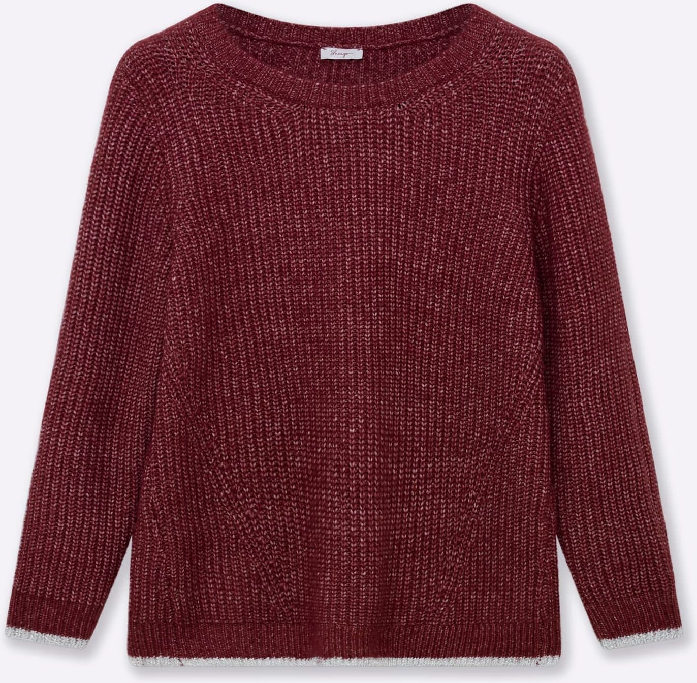 Rundhalspullover SHEEGO "Pullover", Damen, Gr. 52/54, rot (burgund), 96% Polyester, 4% metallisierte Fasern, unifarben, Pullover Rundhalspullover