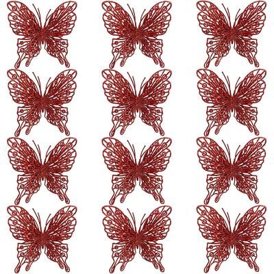 Discount Dollar Deals Glitter Hollow Butterfly Decor, Christmas Tree Butterfly, Tree Hanging Decor Home, New Year Navidad Decoration red 11.5cm