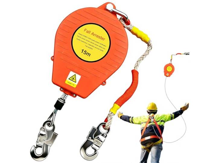 YAOYAOO Höhensicherungsgerät Absturzsicherung 10/15/20m Stahlseil Einziehbarer Fallschutz mit 4mm Stahlseil & selbstverriegelndem Karabiner, 200kg Belastbar für Dachdecker und Baustelle