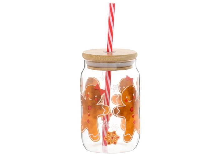 Trinkbecher mit Strohhalm und Lebkuchenmann-Motiv, weiß, karamell, rot und transparent
