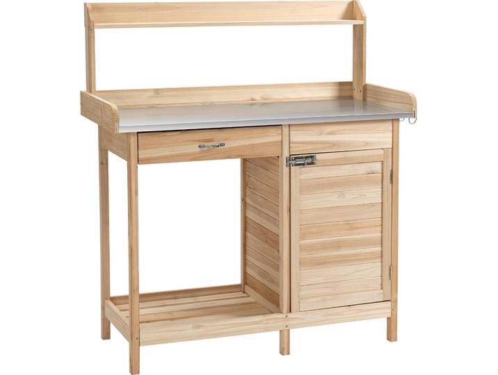 Outsunny Table de rempotage table de jardinage avec 2 šŠtagššres\, tiroir\, placard\, plateau t?le acier galvanisšŠ avec rebord\, 3 crochets - table de plantation bois sapin