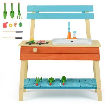 Costway Kids Play Kitchen Set, Wooden Kitchen Playset Chef Pretend Mud Kitchen-Blue