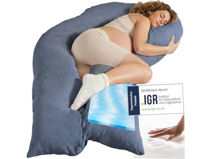 Traumreiter Schwangerschaftskissen Visco XXL langes Wendekissen Memory Foam [orthopädisch] + Watte Schwangerschaft Kissen zum Schlafen, Stillkissen mit Bezug Taubenblau, Ergonomie Zertifiziert