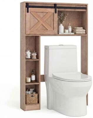 Costway 4-Tier Over The Toilet Storage Cabinet with Sliding Barn Door and Storage Shelves-Brown