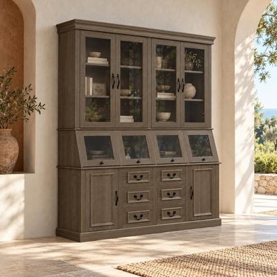 Timechee "78.74"" Tall Rustic Bookshelves China Cabinet, 71"" Wide Wood Buffet Hutch with Tempered Glass Doors, - 71.4""x78.7"""