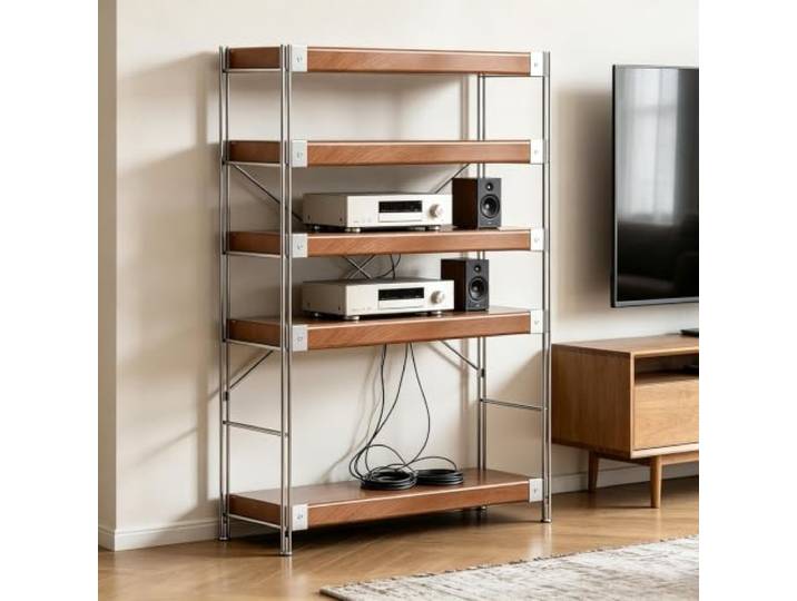 Verstellbarer Audio Rack Schrank, Mobiler HiFi Ständer für Verstärker Höhenverstellbare Ablagen, mobile Rollen, HiFi Rack für Verstärker, DVD-Player, CD-Player und Audiogeräte