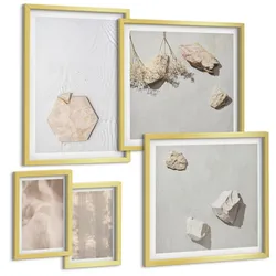 BILDER SET 5er Set - 50x50 cm & 20x30 cm & 40x60 cm Goldrahmen - Dezente Boho-Naturtexturen