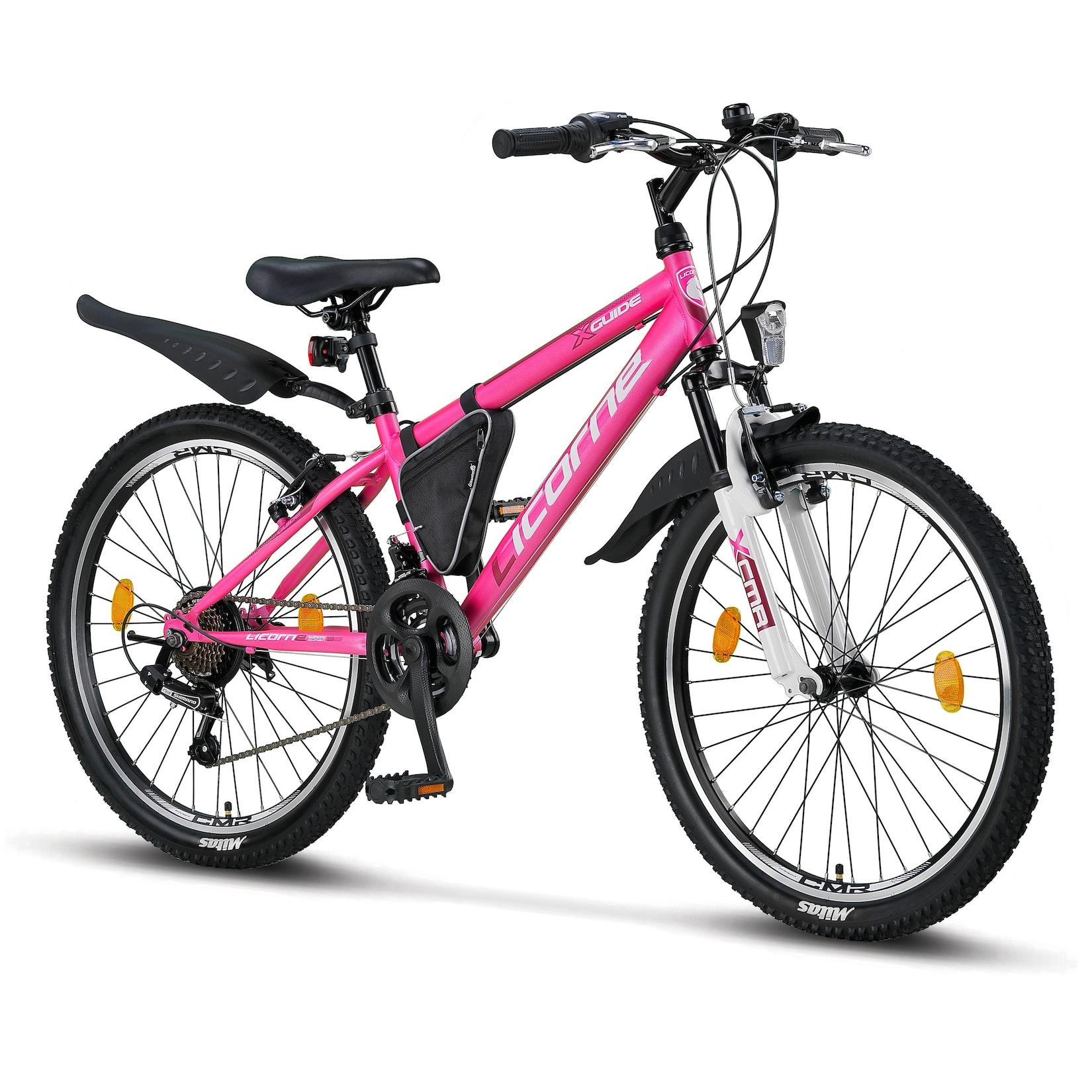 Licorne Bike Guide Premium Mountainbike in 20, 24 und 26 Zoll - Fahrrad für Mädchen, Jungen, Herren und Damen - Shimano 21 Gang-Schaltung, Kinderfahrrad, Kinder Farbe:Rosa/Weiß;Zoll:24
