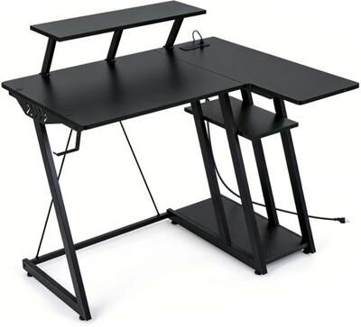 Costway L Shaped Gaming Desk with Outlets and USB Ports-Black