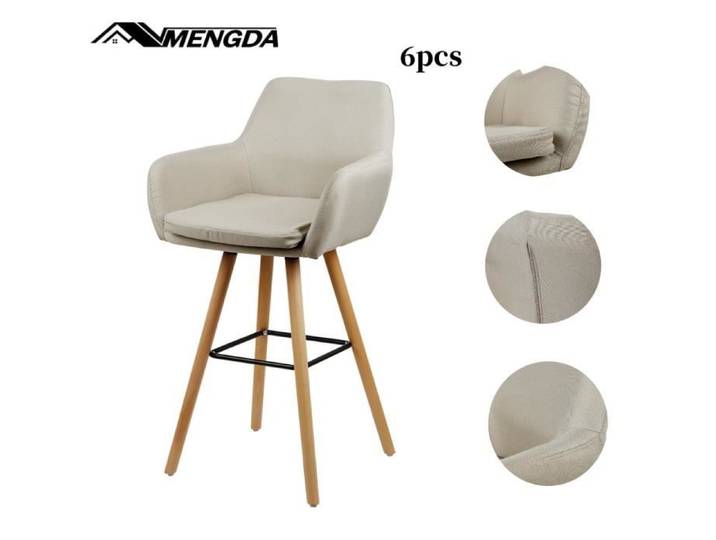Tabouret de bar - MENGDA - Lot de 6 - Beige - Housse en tissu - Pieds en bois massif