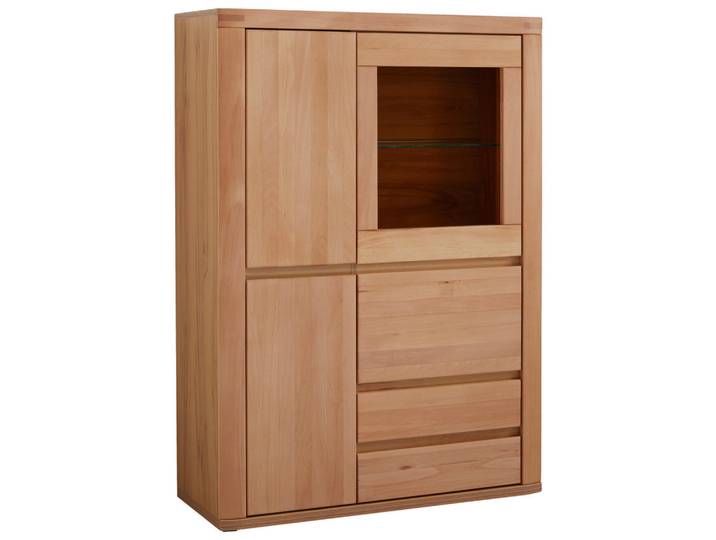 Voleo Highboard, Kernbuche, Kunststoff, Kernbuche, massiv, 2 Holz + 1 Glas Fächer, 3 Schublade(n) Schubladen, 99x140x38 cm, Beimöbel erhältlich, in verschiedenen Holzarten erhältlich, Holzmöbel, Kleinmöbel Holz, Holzkommoden, Highboards Holz