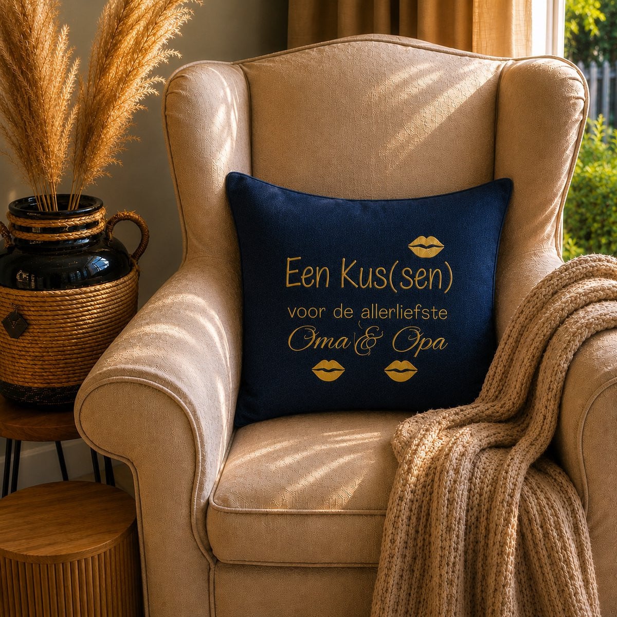 Maison Marcella Kussen met kussenhoes voor opa en oma, blauw met gouden opdruk, 50 x 50 cm