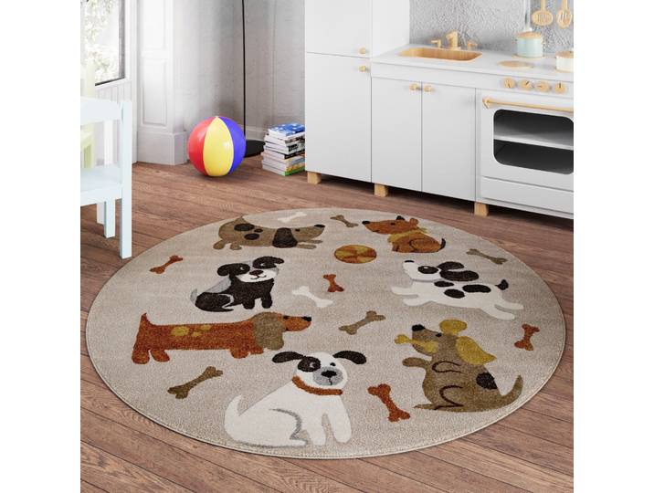 Kinderteppich SMART KIDS Rocky & Friends , beige (sand,beige,braun), H:10mm Ø:120cm, Polypropylen, Teppiche, Kinderteppich, Moderner Spielteppich, strapazierfähig, pflegeleicht, Konturenschnitt