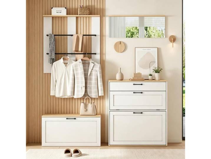 Meuble entrée multifonction armoire chaussures avec banc tiroirs miroir combinaison modulable blanc aspect bois 156x36x176cm