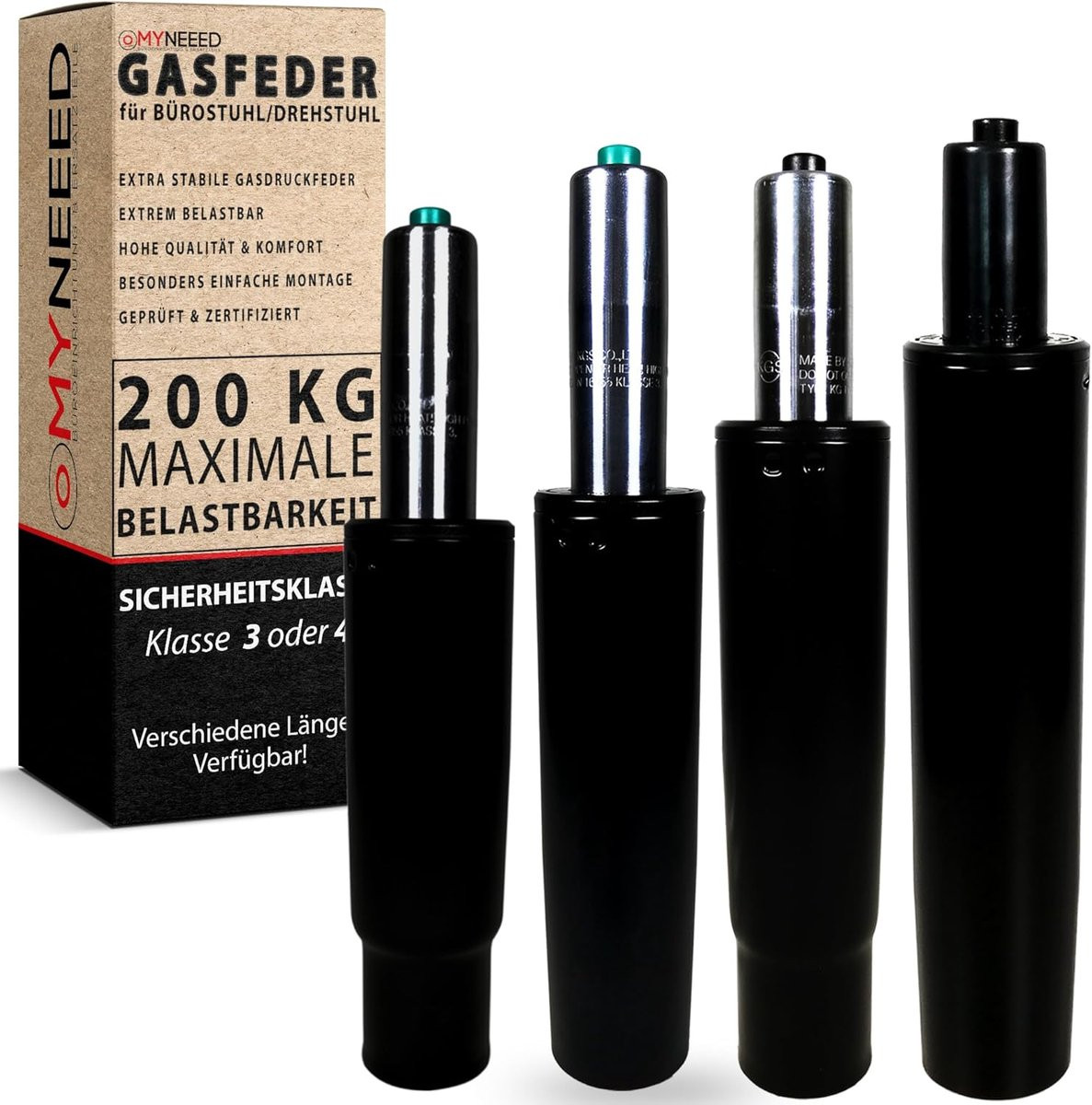 SnelShoppen Gasveer voor Kantoorstoel, Gasdrukveer tot 200 kg, Hoogteverstelling voor Draai- en Managerstoelen, Zwart, Lengte: 185 mm