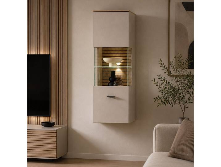 Lomadox Hängevitrine ISCHIA-36 inkl. LED Beleuchtung, Beige mit Eiche, 40 cm breit, Softclose