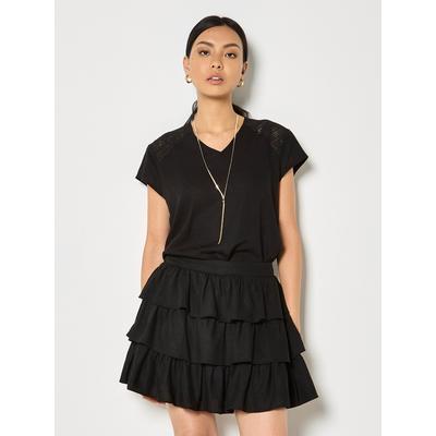 Minirock APRICOT "Minirock aus Leinenmischung", Damen, Gr. M (38), schwarz, gewebt, Obermaterial: 83% Viskose CV. 17% Leinen LI., uni, Röcke Minirock, mit Rüschen und Stufen