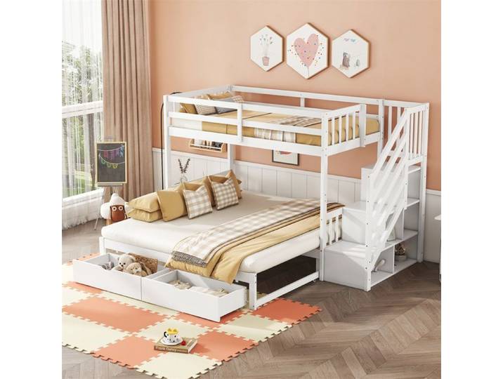 DRIPEX Lit superposé 90×200cm avec lit gigogne 90/180×200cm Lit en bois avec tiroirs et escaliers de rangement Blanc