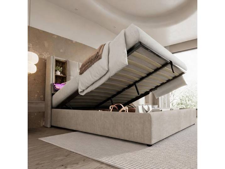 Warm natural lit double tapissé en lin pour chambre adulte 140x200 cm avec rangement