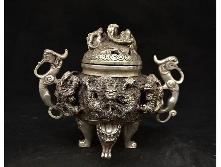 6.4 Qianlong chinois cuivre argent dynastie Dragon bête encensoir brûleur d'encens