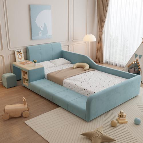 Polsterbett mit Schreibtisch & Hocker, Kinderbett mit Stauraum und Lattenrost, Samt Jugendbett, Blau/Rosa, 90x200/140x200 cm