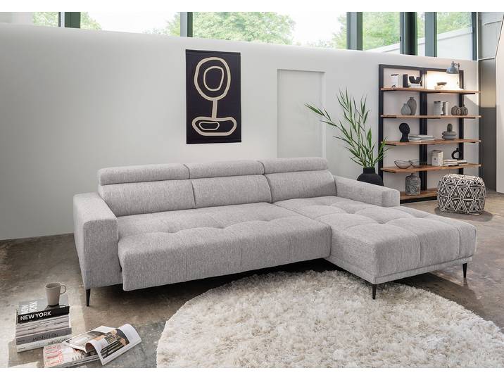 Ecksofa mit Sitztiefenverstellung Grau Webstoff Jimin 276 x 95 x 188cm Longchair davorstehend rechts Modern