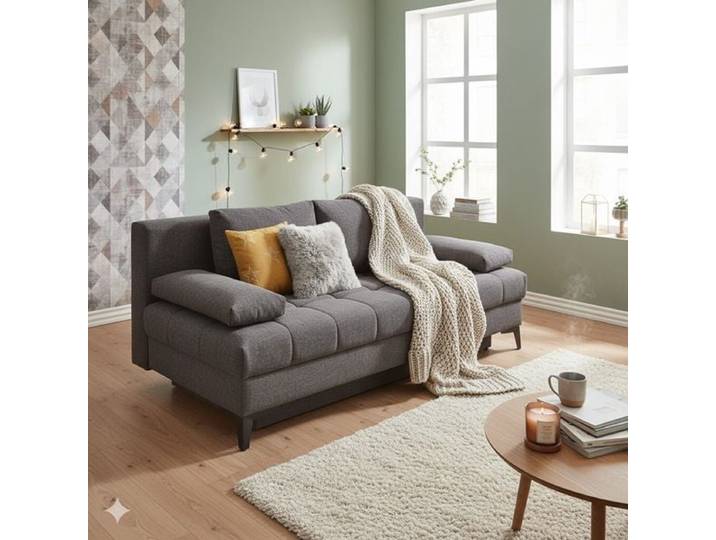 Schlafsofa Pasqua Velours mit Lattenrost und Bettkasten Kunstfaser 90x200x107cm Dunkelgrau klappbar ausziehbar retro/vintage